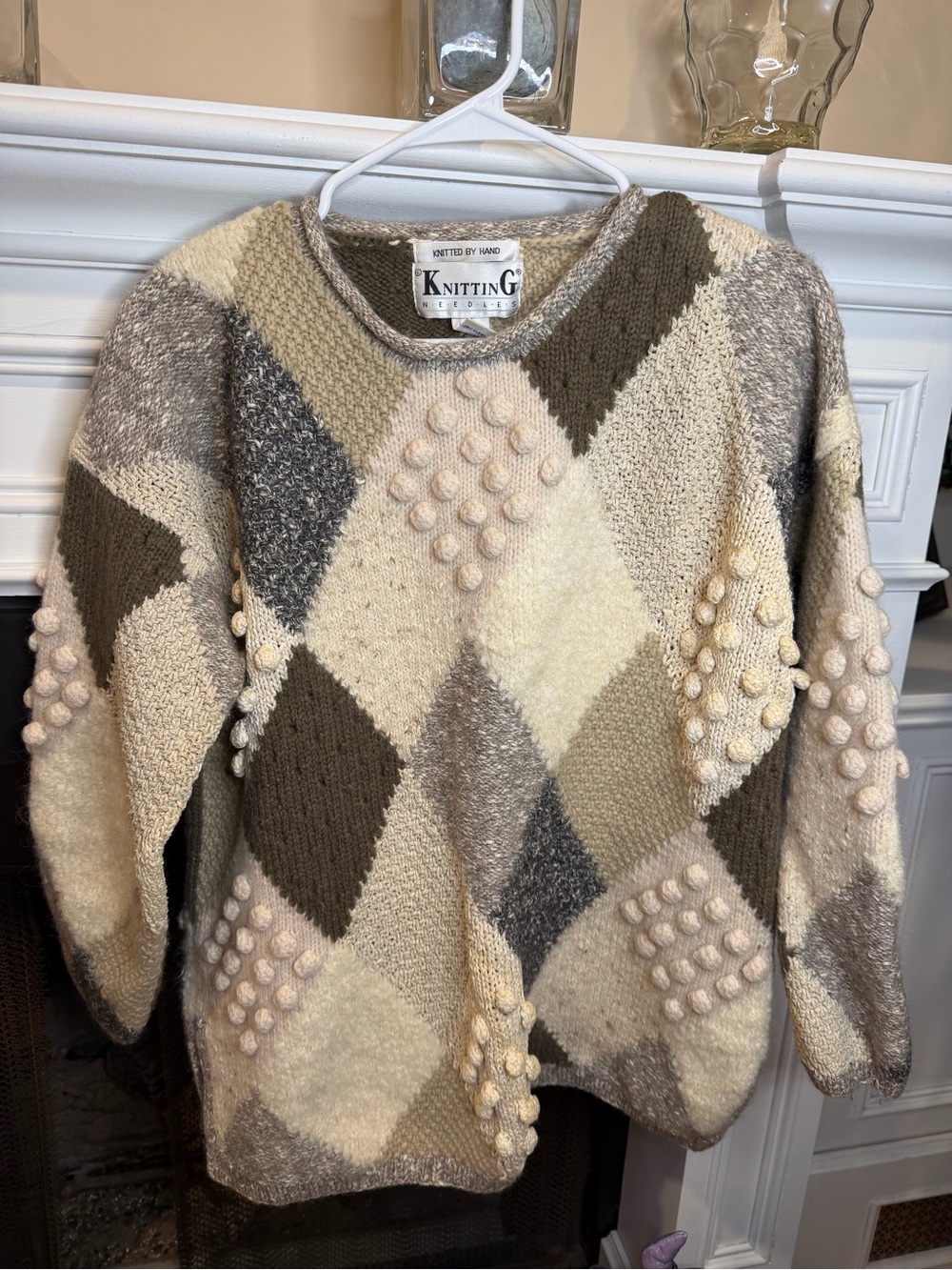 Vintage Knitting Needles 3D Popcorn Wool Argyle Sweater M Drop Shoulder Retro